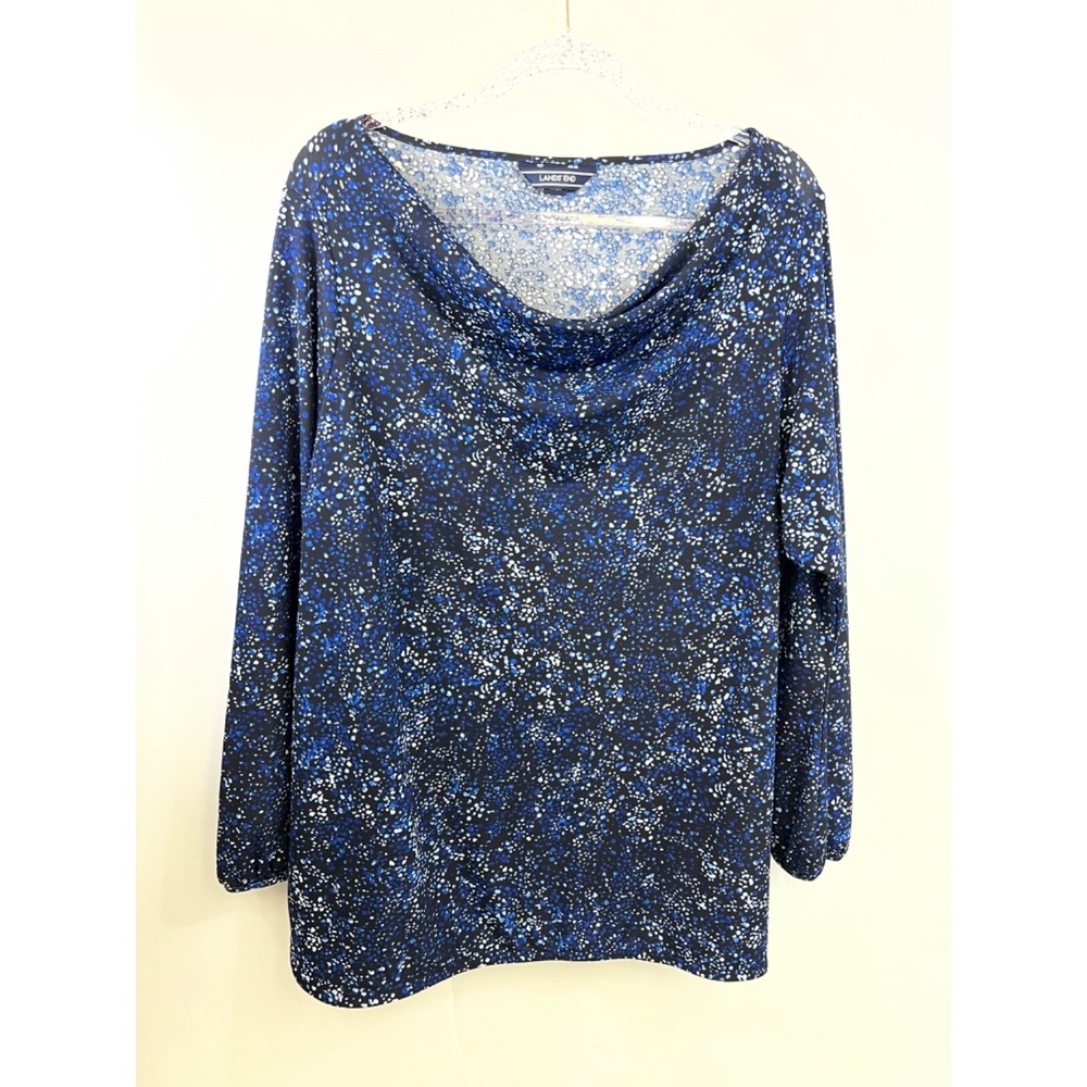 Lands' End Long Sleeve Tunic, Blue/White Cowl Neck, Women's Plus 1X